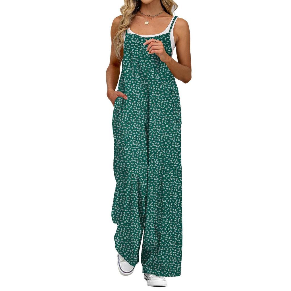 Women's Spaghetti Strap Sleeveless Floral Jumpsuit Loose High Waist Casual Wide Leg Overalls