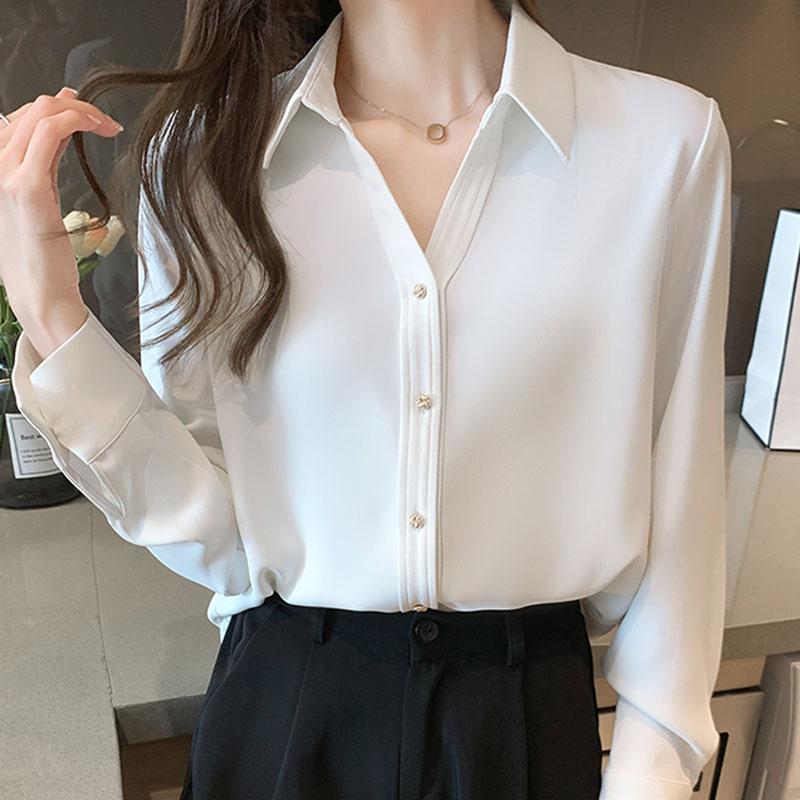 Fashion Long Sleeve Turn Down Collar Office Lady White Blouse Shirt Women Tops J141