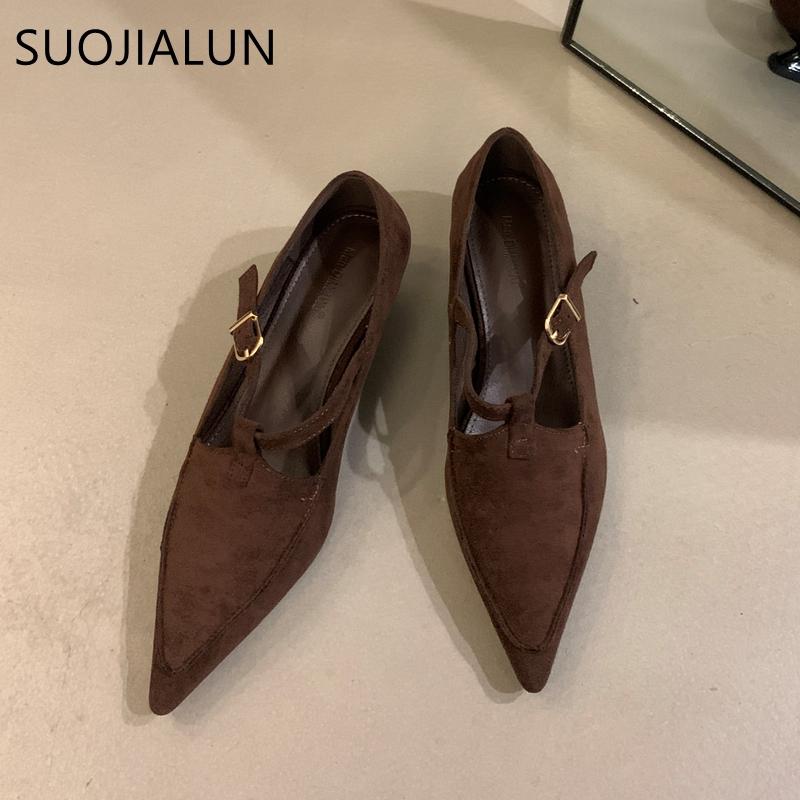 Мода SUOJIALUN Новый бренд Женские туфли-лодочки Мода Острый носок Женские Элегантные туфли Мэри Джейн Тонкий Средний каблук Наружные Платье Туфли-лодочки