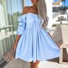 Женское мини-платье с открытыми плечами, свободный подол, высокая талия, объемные рукава, трапециевидное однотонное мягкое плиссированное женское пляжное платье для выпускного вечера