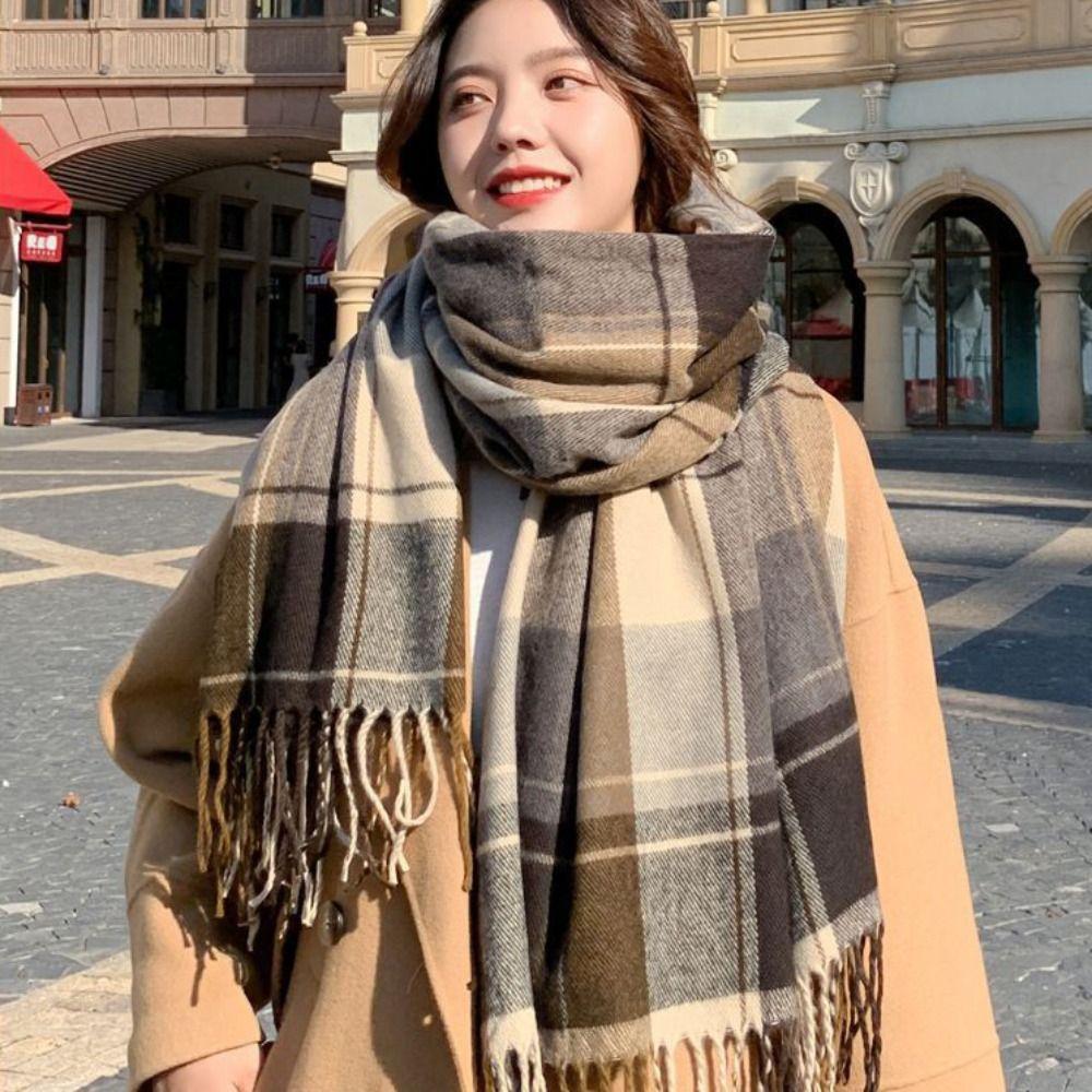 Tassel Plaid Wool Scarf Retro Green Cape Wraps Simple Winter Cashmere Scarves Autumn Winter