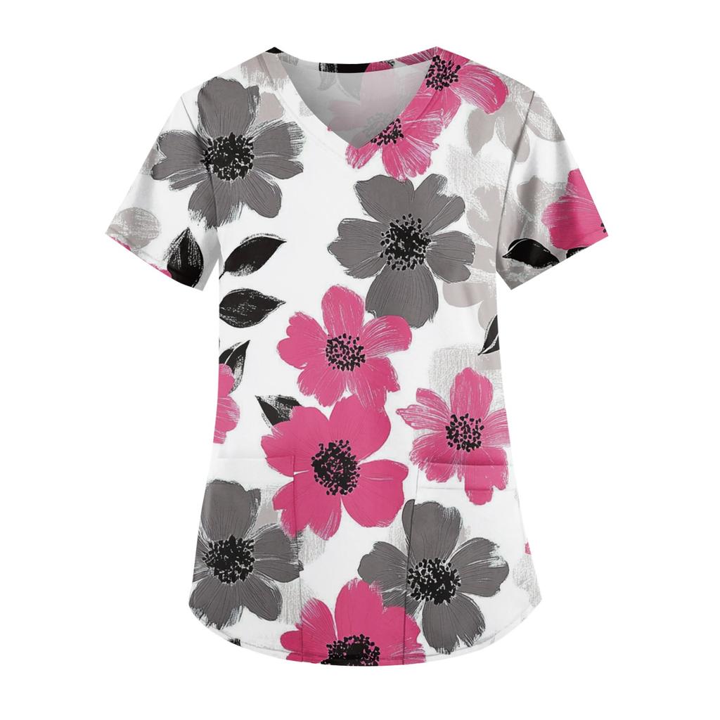 Рабочая форма больших размеров с принтом, топы для женщин, забавные футболки с v-образным вырезом и короткими рукавами, рабочая одежда, футболка с карманами