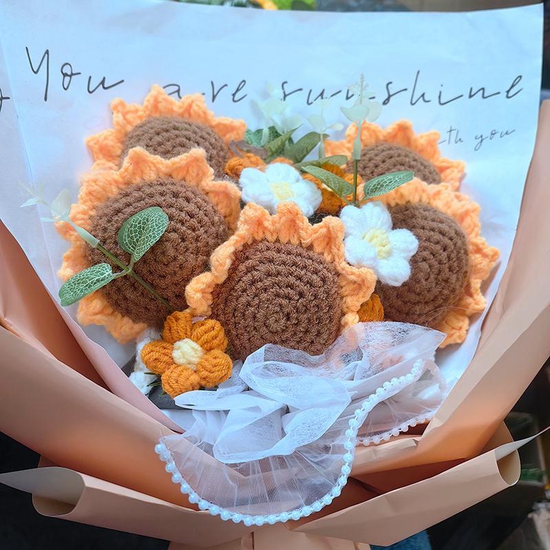 Подсолнух Крючком Букет Ручной Вязания Искусственные Цветы Букеты Цветок на Выпускной с Пакетом Подарок на Свадьбу для Гостей