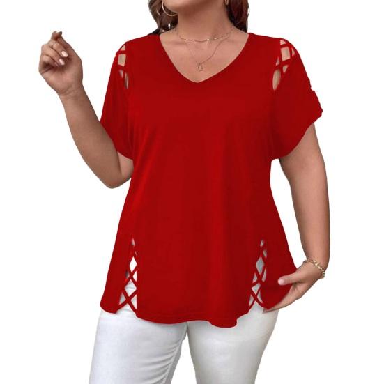 Женская летняя футболка с V-образным вырезом, коротким рукавом, однотонная, свободного кроя, повседневные топы с ажурным перекрестным дизайном