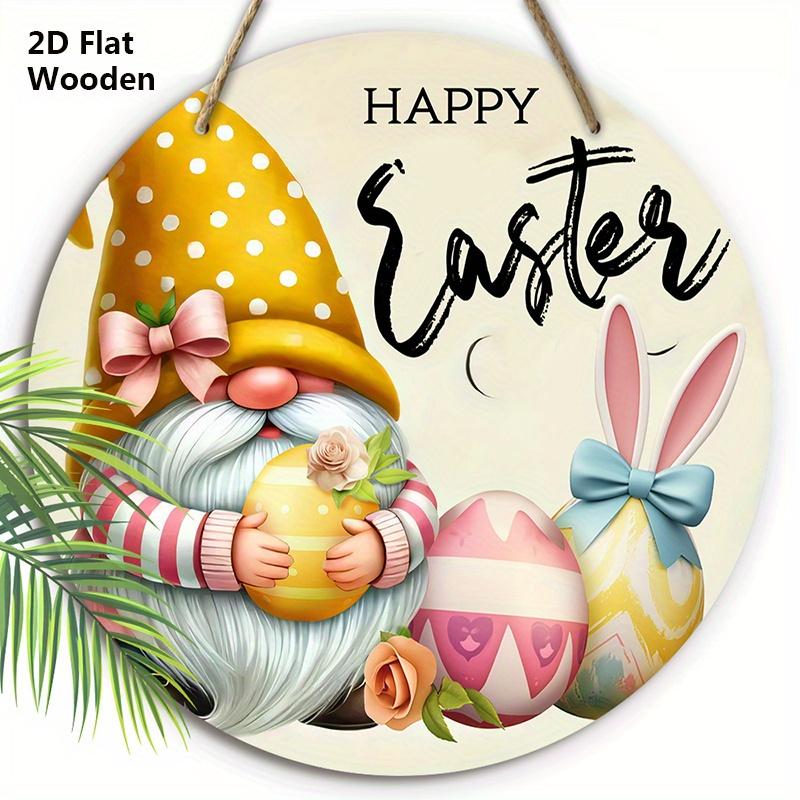 Happy Easter Wooden Sign with Adorable Gnome Pattern - Charming Decorative Hanging Plaque with Easter Bunny, Eggs Pattern - Ideal Easter Decorations