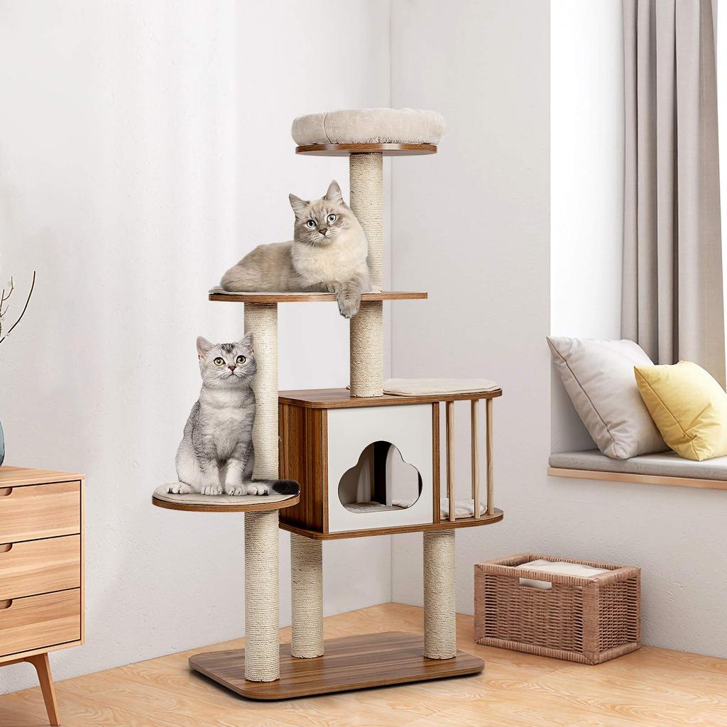 GYMAX Cat Height Wooden Cat Cat Cat For Multiple Natural Hemp Nail Nail Observation Sense of Eliminates Lack of Cat Cat Play Stylish Tower, 142cm,