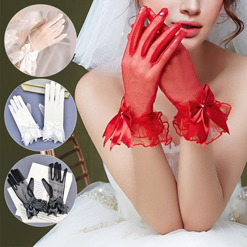 1 пара элегантных кружевных перчаток с оборками из тюля, свадебные перчатки из полиэстера с бантом, женские варежки, аксессуары к платью