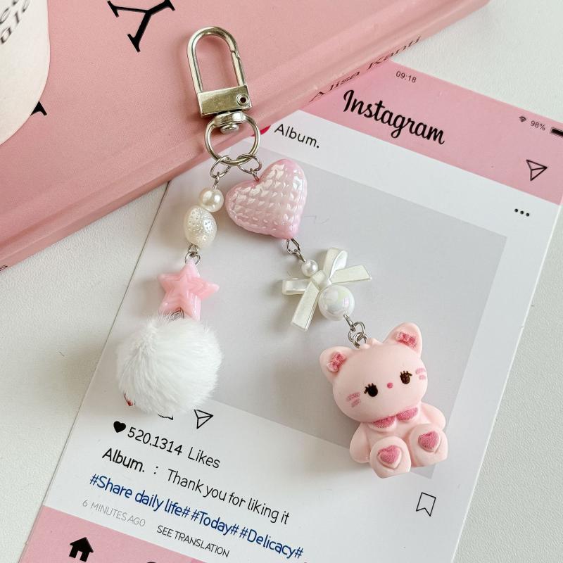 Cute Rabbit Kitty Bear Pendant Key Chain Fluffy Ball Bow Bead Mobile Phone Chain Anti-Lost Lanyard Kawaii Bag Charm Gift