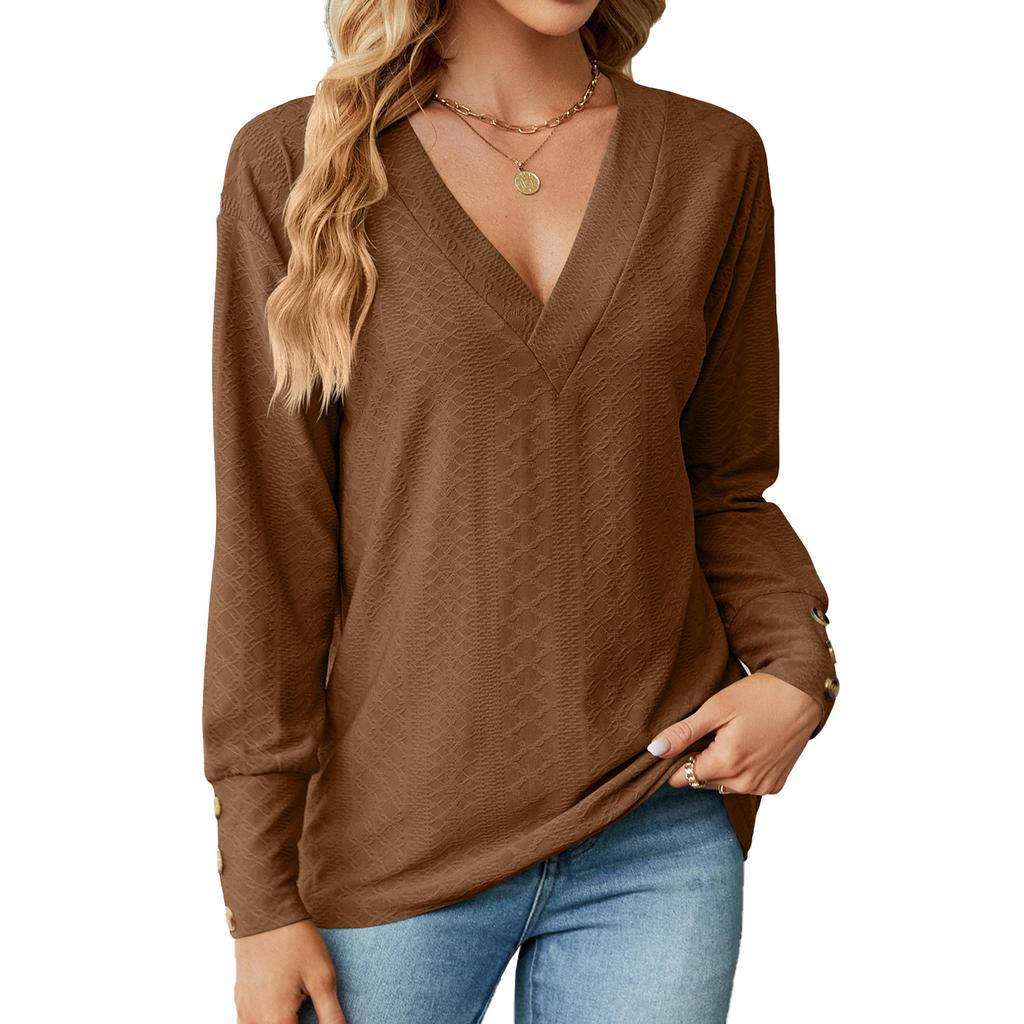 2024 Европейская и Американская осень/зима Новая однотонная свободная футболка с V-образным вырезом и пуговицами для женщин