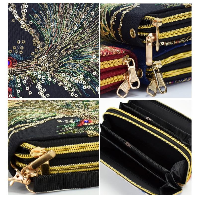 Женский кошелек, длинный кошелек на молнии, дизайнерский роскошный кошелек ручной работы с вышивкой павлина, ретро-клатч, женский кошелек для девочек-подростков