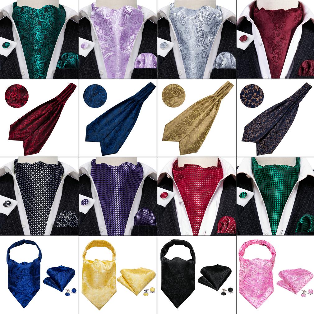Barry.Wang Mens Formal Wedding Cravat Tie Pocket Square Cufflinks Silk Paisley Plaids Ascot Tie Set