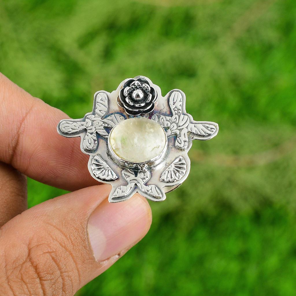 925 Sterling Silver Oval Moonstone Gemstone Stackable Flower Mother Ring Jewelry
