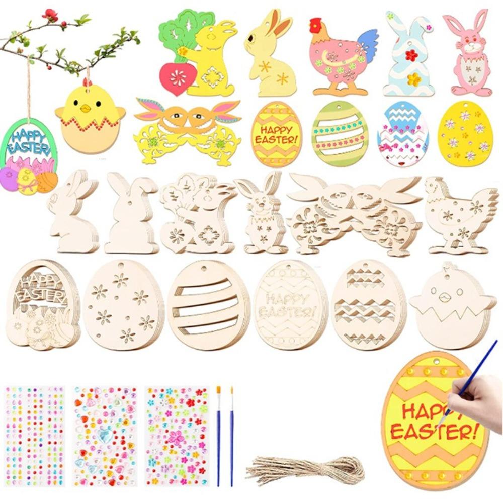 30/36/60pcs 1 Set DIY Painting Wooden Easter Pendant Rabbit Easter Egg Pendant Gift