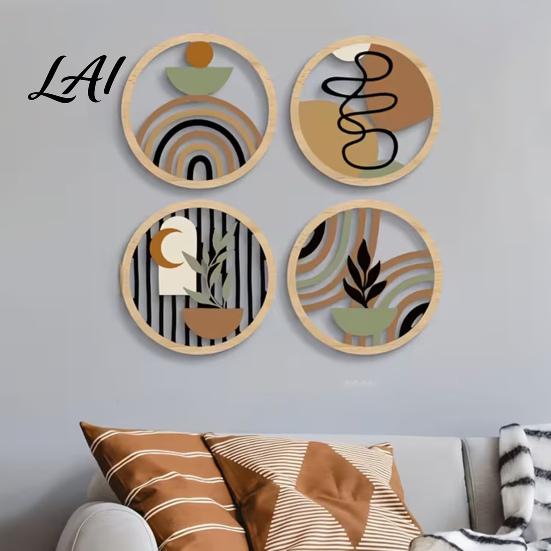 Natural Material Home Ornaments 4Pcs Boho Wooden Wall Art 2D Flat Round Hanging Signs Modern Geometric Wavy Circle Wood Decor Bohemian Plaques for