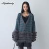 Korean Style Autumn Winter Women Knitting Cardigan V Neck Grey Brown Beige Loose Oversized Striped Knitted Outerwear With Faux Fur Trim