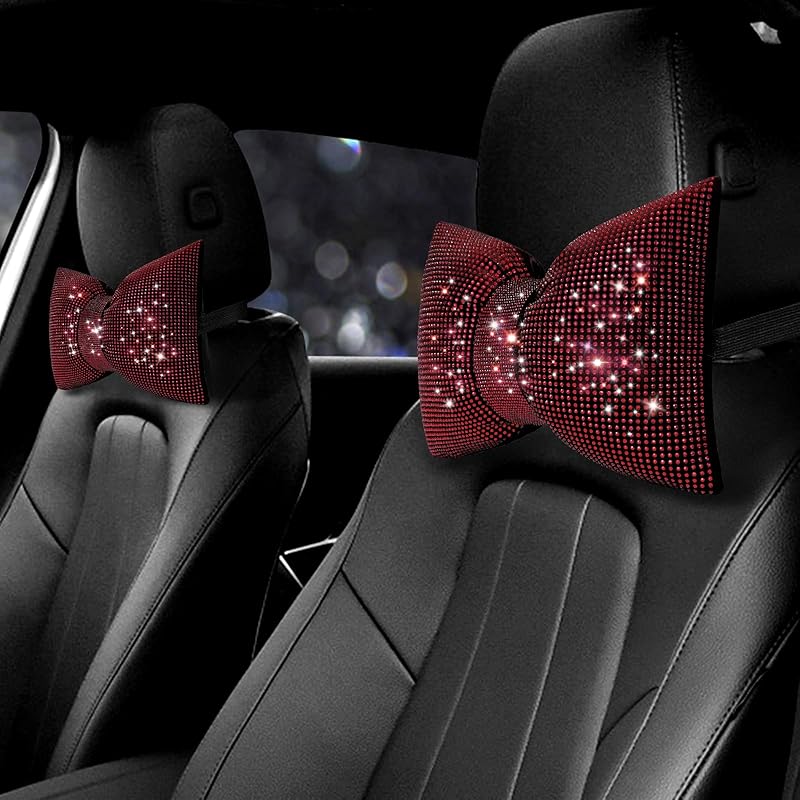 Surpassme 2PCS Rhinestone Car Headrest Neck Pillow For Driving With Bling Bling Crystal Bow Pillow Car Accessories For Women (Silver/White)