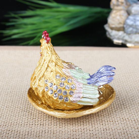 Фигурка цыпленка со стразами Металлическая имитация курицы Брелоки Шкатулка Контейнер Держатель Декорация для дома и офиса Настольное украшение