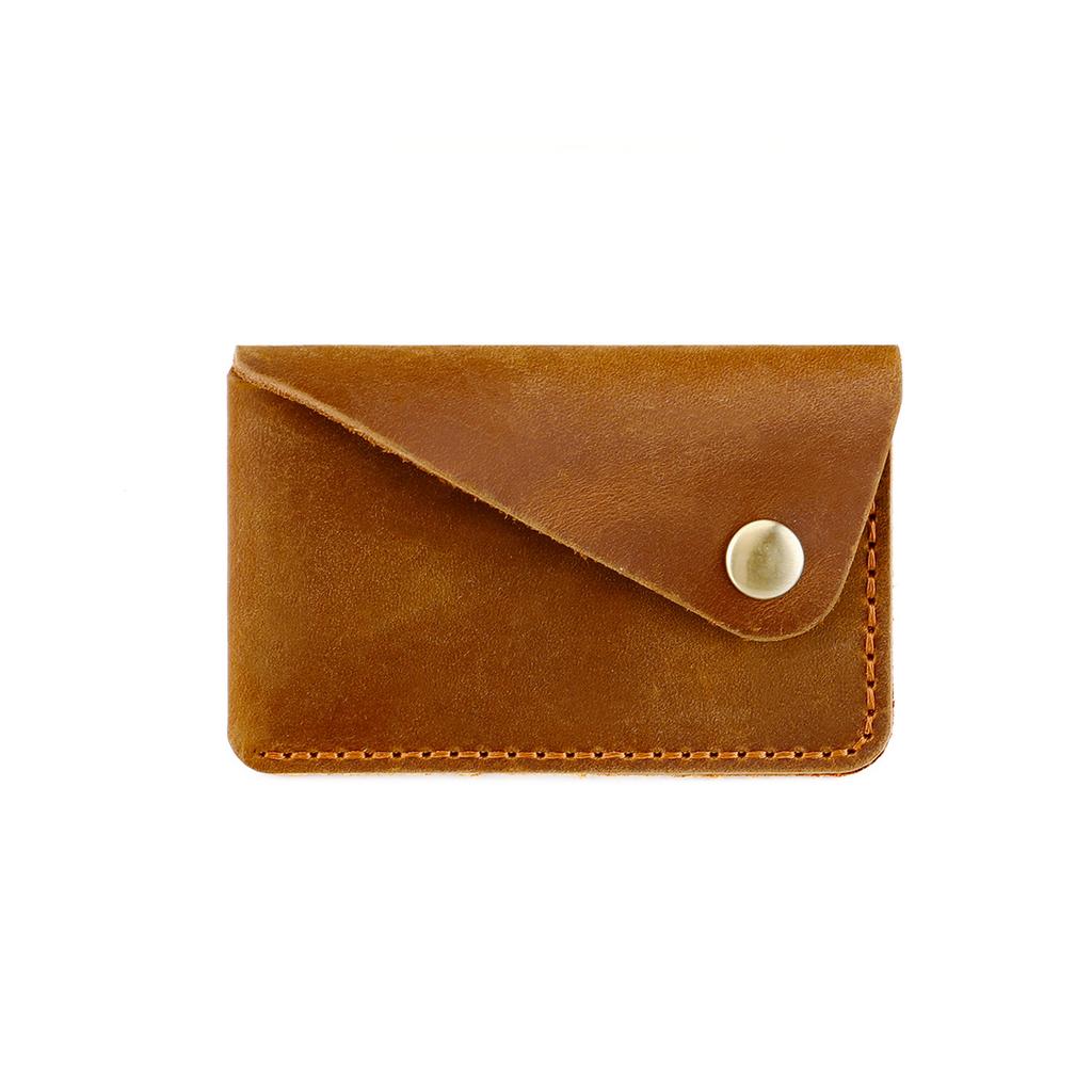 Retro Handcrafted Crazy Horse Leather Envelope Card Holder, Vintage Genuine Leather Slim Card Wallet with Snap Button for Men