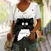 2024 Women T Shirt Summer Cartoon Cat Print Tshirt Plus Size Women's Clothing Oversized Designer Short Sleeve Shirt Women V-neck