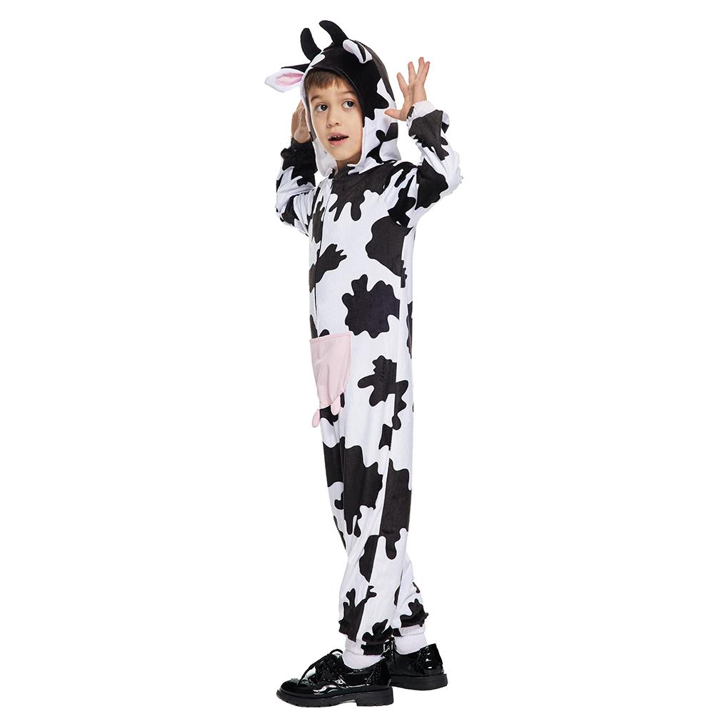 Child Plush Cow Print Pajama Costume Halloween Kids One-Piece Animal Dairy Cow Outfits