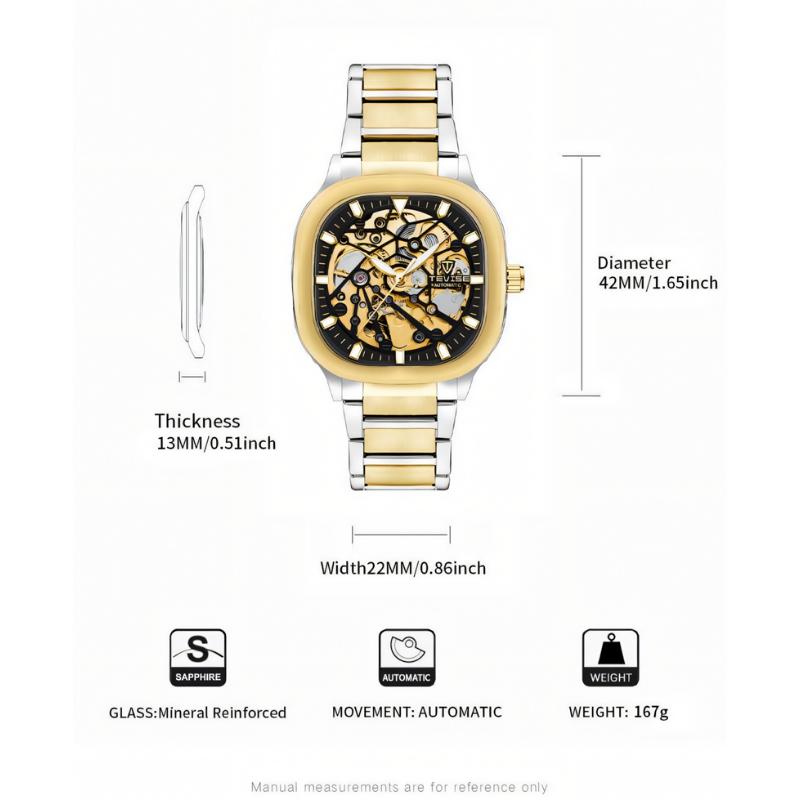 TEVISE Automatic Mechanical Watch Stainless Steel Men' S Business Luxury Steel Strip Watches Square Dial Waterproof Luminous Wristwatch