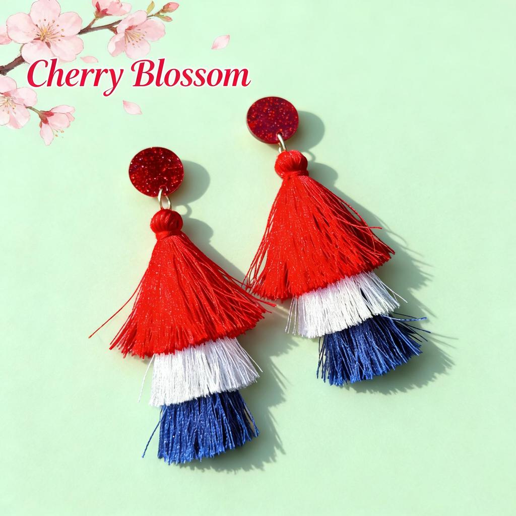 American Independence Day Tassel Earrings - Red, White, Blue Flag Colors