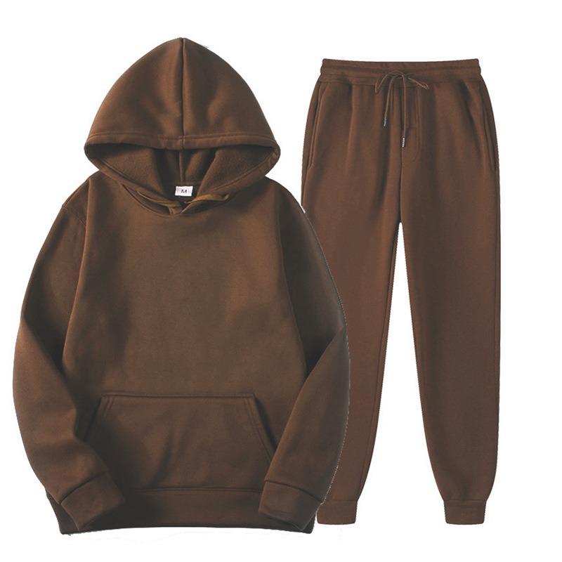 Autumn Winter Solid Color Sportswear 2-piece Hooded Sweatshirt Sweatpants with Plush Loose Casual Sweatshirt Set