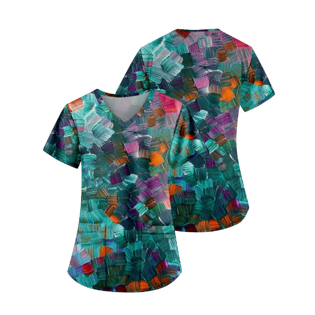 Women's Fashion Printed Work Uniform With Pocket T-Shirt Short Sleeve Top