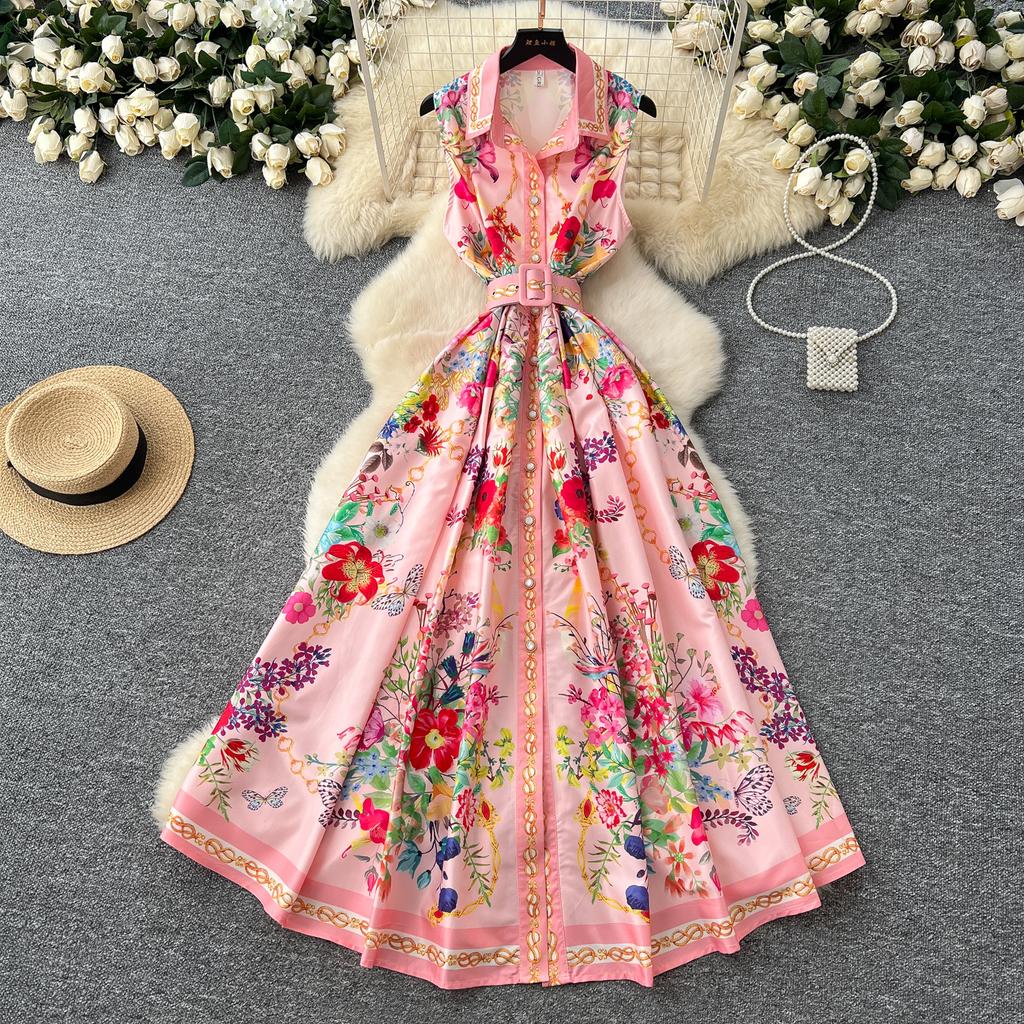 Summer Women Turn-down Collar Vintage Print Runway Dress Sleeveless Long Maxi Party Dresses with Belt