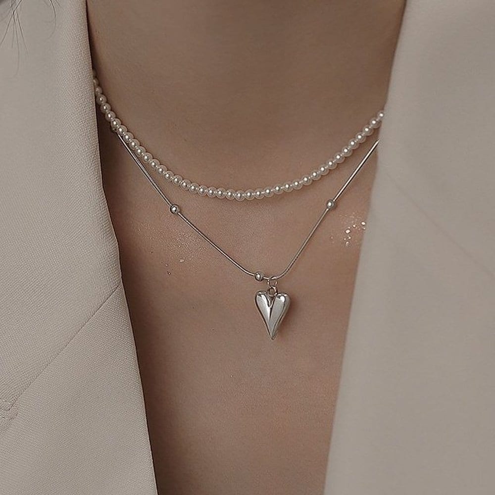Lotoa-07 Double Layered Pearl Heart Necklace 2-Piece Set (Wfg6Z1O)