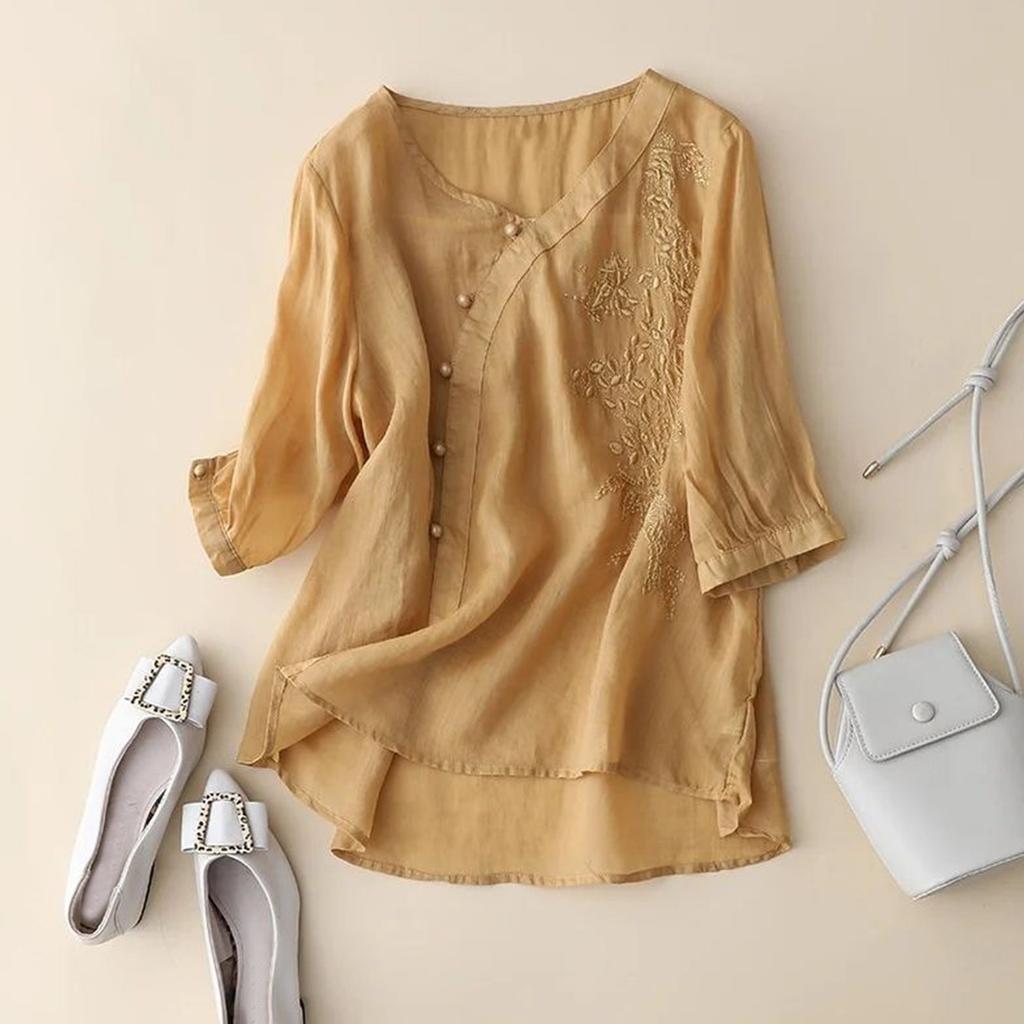 Women's Solid Color Cotton And Linen Short-sleeved Embroidered Retro Breathable T-shirt Round Neck Top