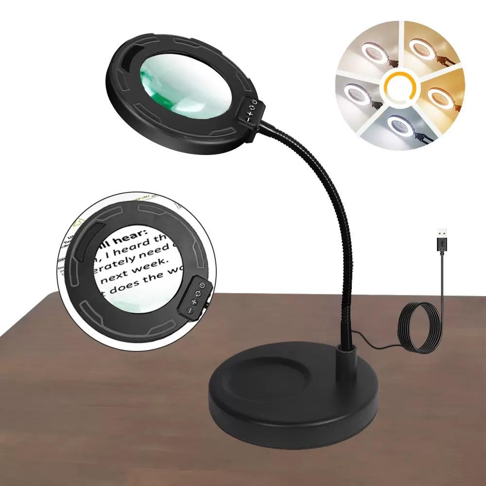 Flexible Gooseneck Lighted Magnifier With Stand 5 Color Modes Dimmable USB Reading Eye Protection Study Lamp
