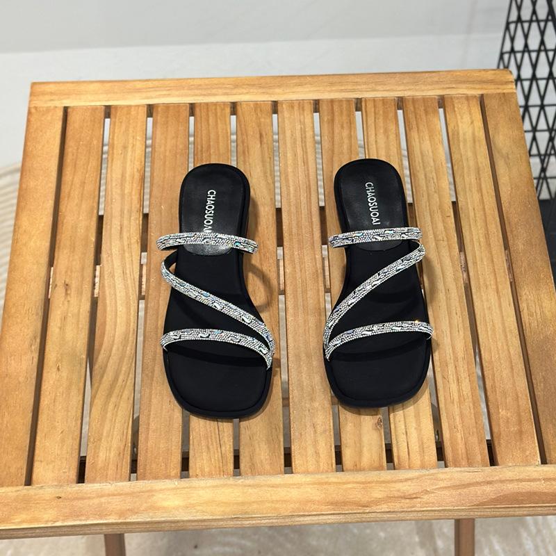 Серебристые женские туфли-стилеты на высоком каблуке, женские летние шлепанцы с полным бриллиантовым покрытием, французские элегантные босоножки на среднем высоком каблуке, женские