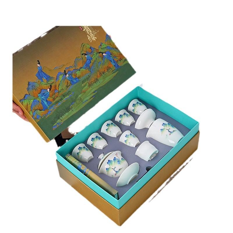 Dehua suet jade white porcelain set tea set cover bowl travel set company gifts can be added to customers