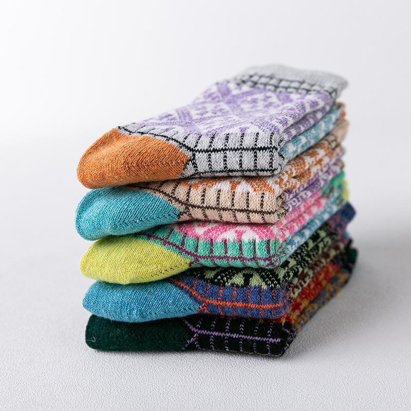 5 пар новых зимних женских шерстяных носков до середины икры в этническом стиле с кроликом