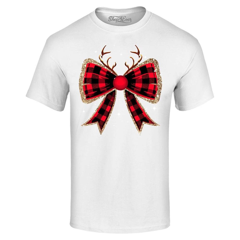 Christmas Red Nose Reindeer Bow T-shirt Plaid Glitter Shirt