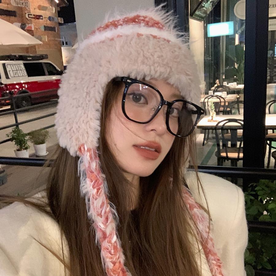 Autumn and Winter Striped Splicing Wool Hat Women's Velvet Thickened Warm Ear Protection Big Head Circumference Lei Feng Knitted Hat