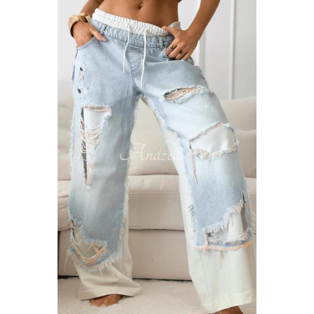 Ladies' High Waist Straight Leg Jeans - Street Style Sewing and Tearing Jeans, Regular Style Elegant Fashion Set, High Waist Jeans