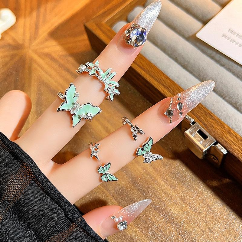 Mint Green Mambo‑Style Open Ring Mori Ethereal Vibe Enamel Butterfly Inlaid Zircon Niche Design Personalized Adjustable Stackable Decorative Ring