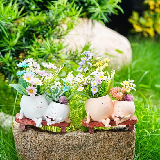 Горшок для цветов с изображением улыбающегося лица, смоляной, с изображением головы дамы, с изображением лица девушки, цветочный горшок с двумя головками, суккулентный горшок с дренажным отверстием для домашнего офиса, балкона