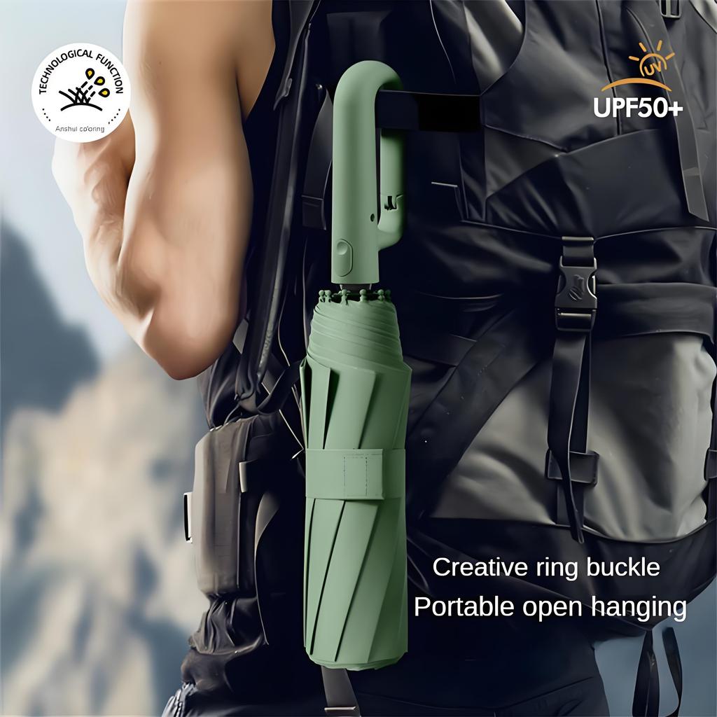 10-Rib Windproof Reverse Umbrella with Carabiner, Reflective Stripe for Rain & Sun Protection (Auto Fold)