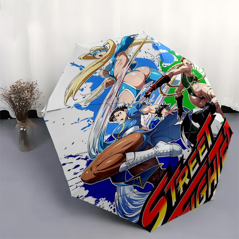 1pc Street Fighter Auto-Open Close Outdoor Umbrella - Portable 3-Fold Design with 8-Bone Iron Frame - Outdoor for Fans, Travelers, Daily Use, Gif