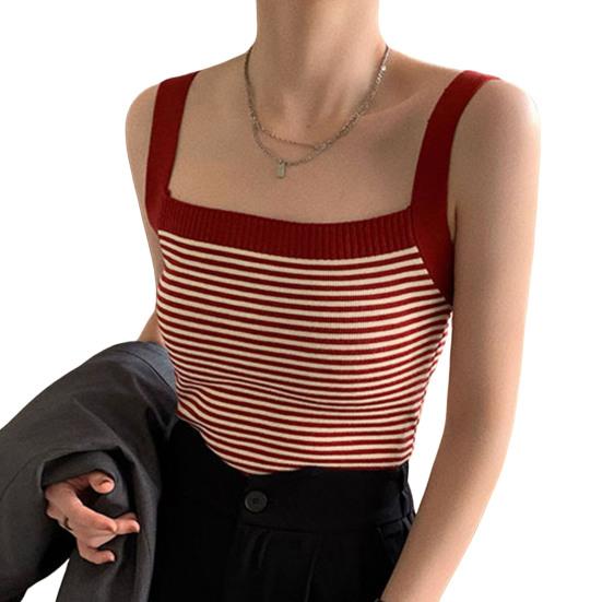 Вязаный жилет в полоску в стиле ретро с квадратным воротником и широкими плечами без рукавов