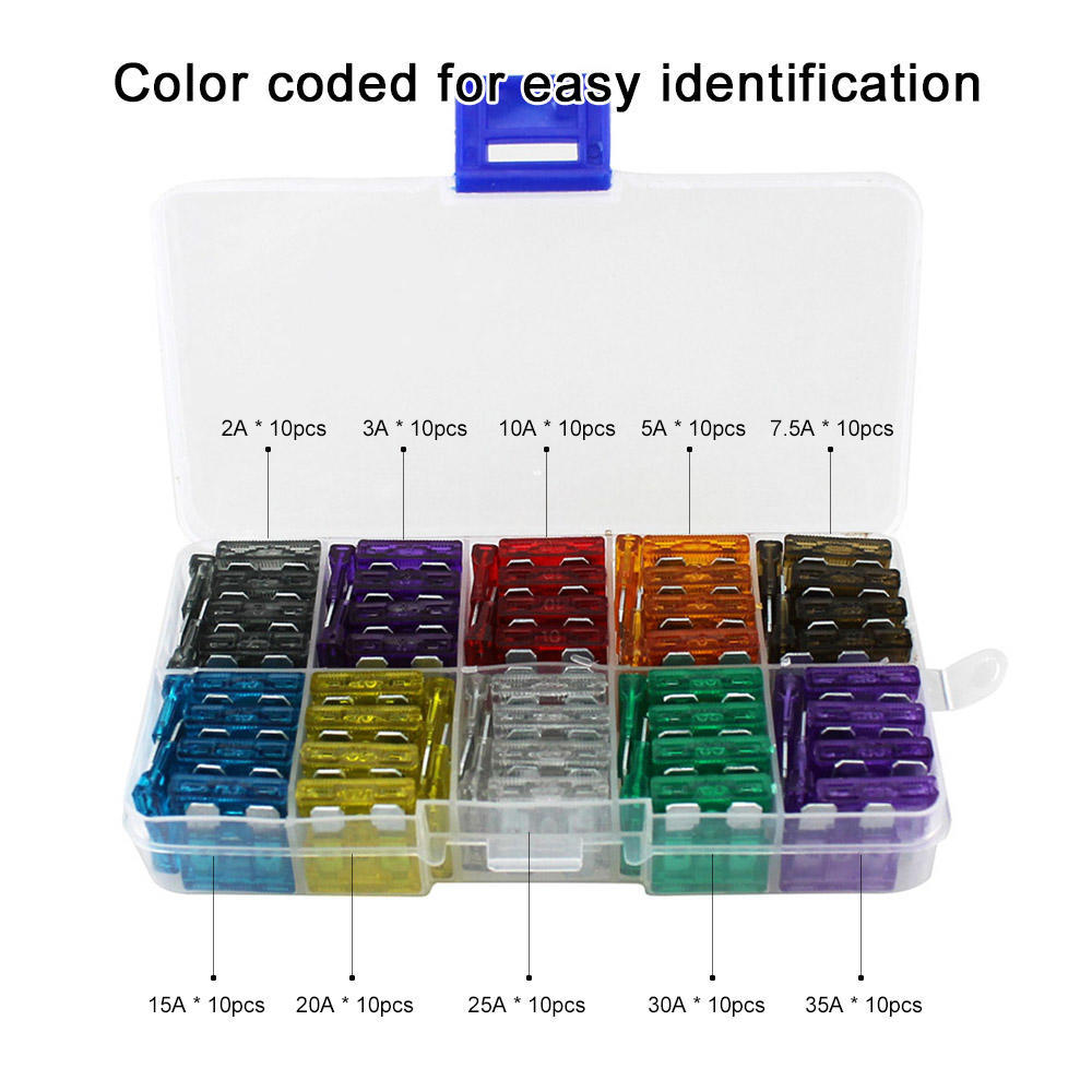 100pcs Assortment Car Medium Size Standard Blade Fuses 2A 3A 5A 7.5A 10A 15A 20A 25A 30A 35A for Vehicle