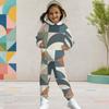 Girls Geometric Printed Hooded Long Sleeve Kangaroo Pocket Top Cuffed Pants Two Piece Outfit