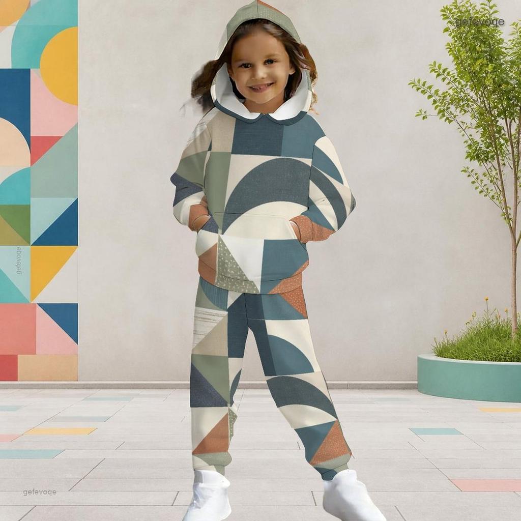 Girls Geometric Printed Hooded Long Sleeve Kangaroo Pocket Top Cuffed Pants Two Piece Outfit
