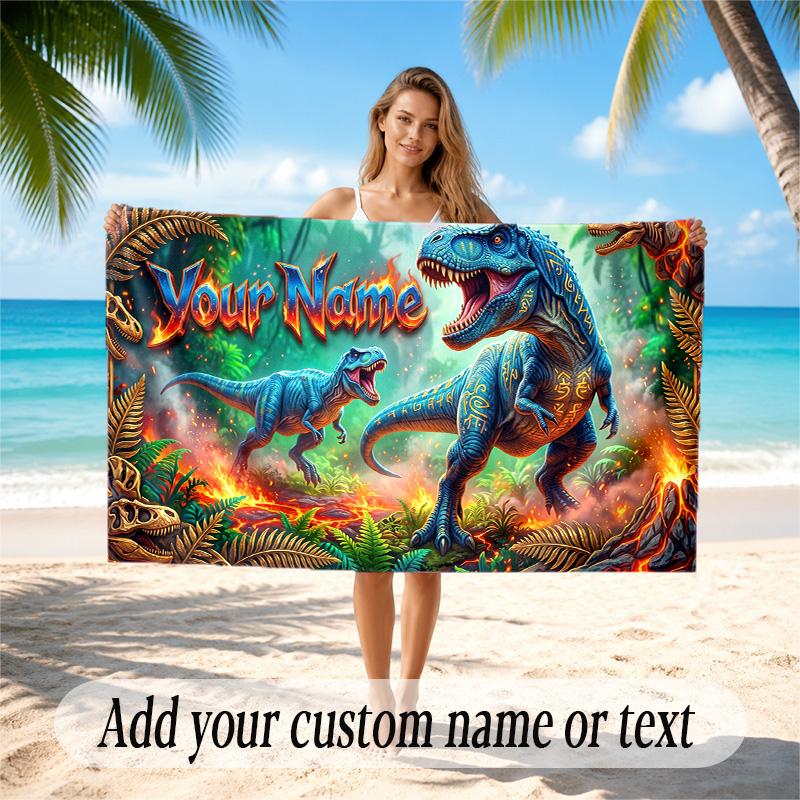 Dinosaur Theme Quick Dry Beach Towel Custom Name Text Print Large Sand Resistant Towel Beach Vacation
