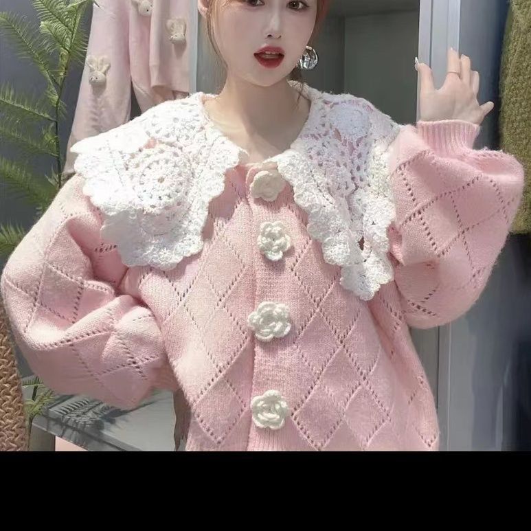 Кардиган свитер женский трехмерный цветок вязаный кружевной вышивкой кукольный воротник свободный милый корейский свитер кардиган
