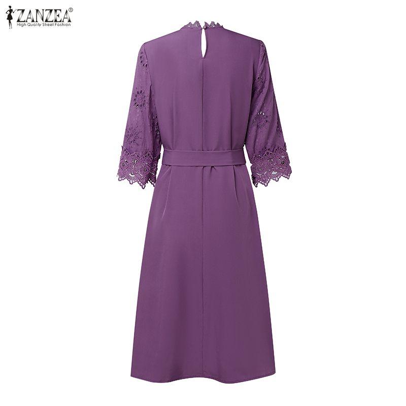 ZANZEA Женское повседневное платье с круглым вырезом, рукавом 3/4, свободное, лоскутное, с кружевом