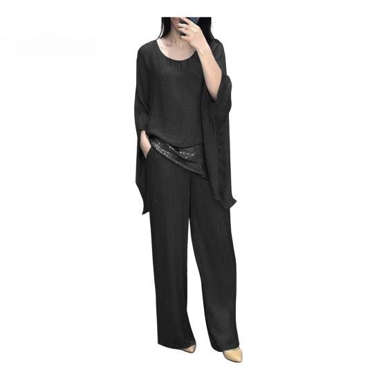 Women 2-Piece Top & Pant Set Crew Neck Shirt Wide Leg Pants Outfit Tracksuit